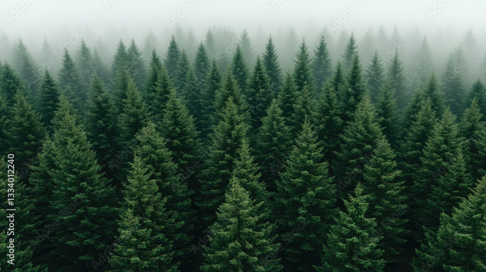 Poster dense evergreen forest shrouded in mist with layers of green trees creating a tranquil atmosphere du