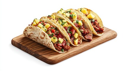 Delicious al pastor tacos served on a wooden board accompanied by fresh pineapple pieces for a culinary delight