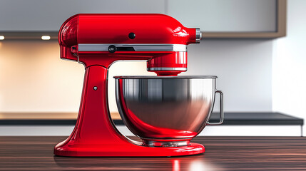 Fototapeta premium A modern, bright red planetary kitchen mixer with a stainless steel whisk attachment, with a durable metal base with a glossy finish