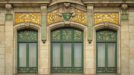 Obraz premium Ornate Stone Building Facade with Green and Yellow Tile Windows