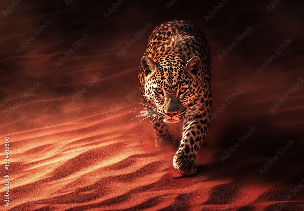 Poster majestic leopard walking through sandy terrain with subtle light and texture creating a dramatic and