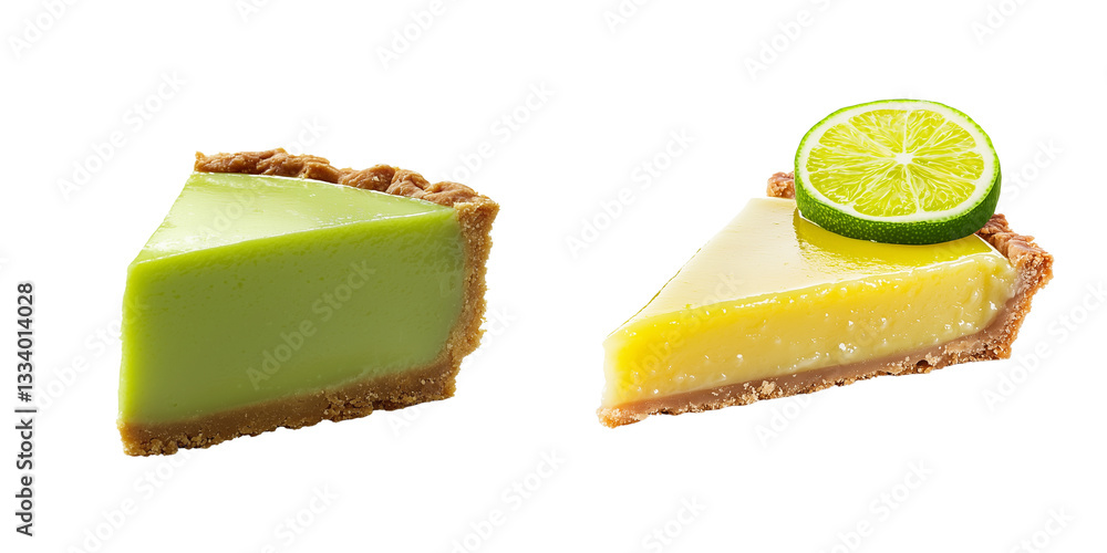 Poster two slices of vibrant lime pie, showcasing contrasting colors and textures with a fresh lime garnish