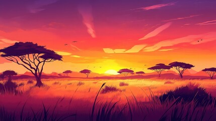 Obraz premium African Savanna Sunset: A Vibrant Digital Painting
