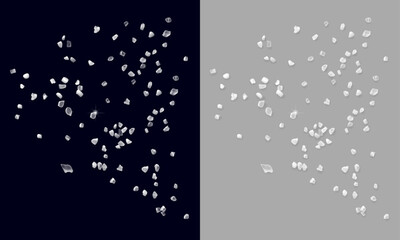Scattered white salt crystals with shadow isolated on black and grey background. Top view. Realistic vector illustration.