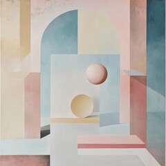 Dreamy pastel composition with floating brushpainted geometric elements, soft and minimal