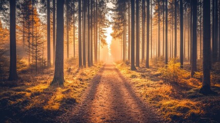Fototapeta premium Sunlit path through autumn forest