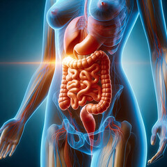 3D illustration of the female body digestive system organs.
