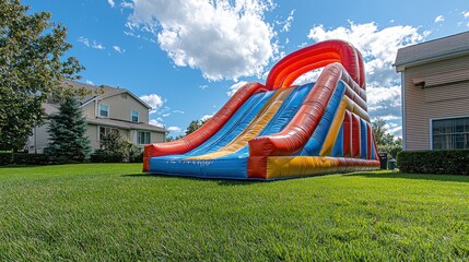 Inflatable slide on sunny suburban lawn