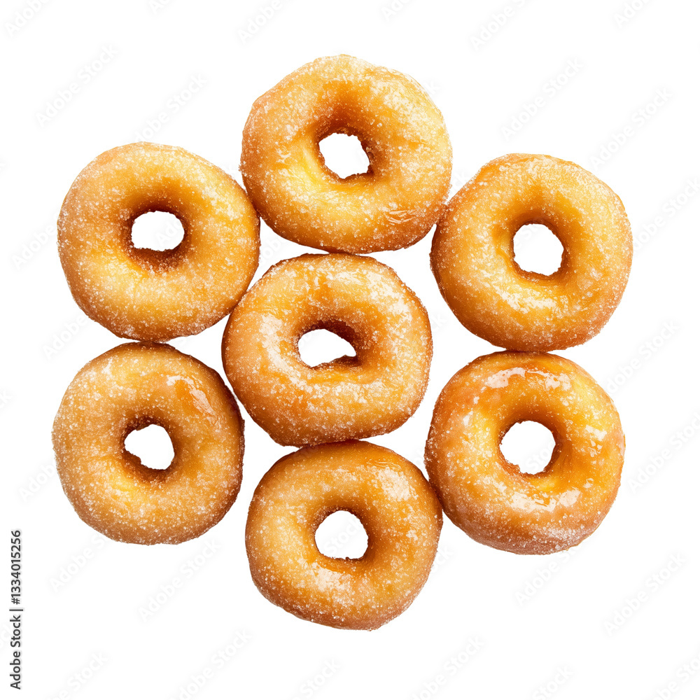 Poster freshly baked doughnuts arranged in a circular pattern showcasing their golden color and sugary glaz