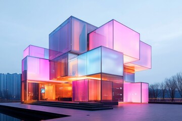 A technology hub building with modular architecture, glowing lights at night, and interactive features integrated into the facade