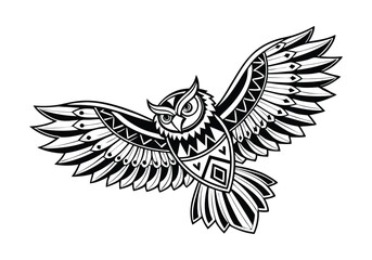 Tribal Owl Tattoo – Black and White Vector Illustration with Bold Tribal Patterns