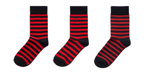 Three Different Style Black and Red Striped Socks on White - Comfortable Socks, Fashion Accessories, Cut Out