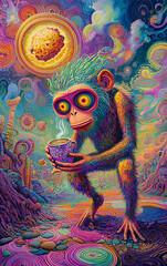 Obraz premium psychedelic monkey in a surreal fantasy landscape, vibrant digital painting with swirling colors, glowing abstract shapes, neon dreamlike jungle scenery, cosmic and visionary artistic illustration