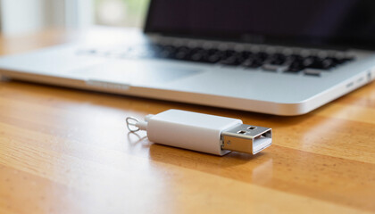 Fototapeta premium USB flash drive on wooden desk next to laptop, digital storage concept