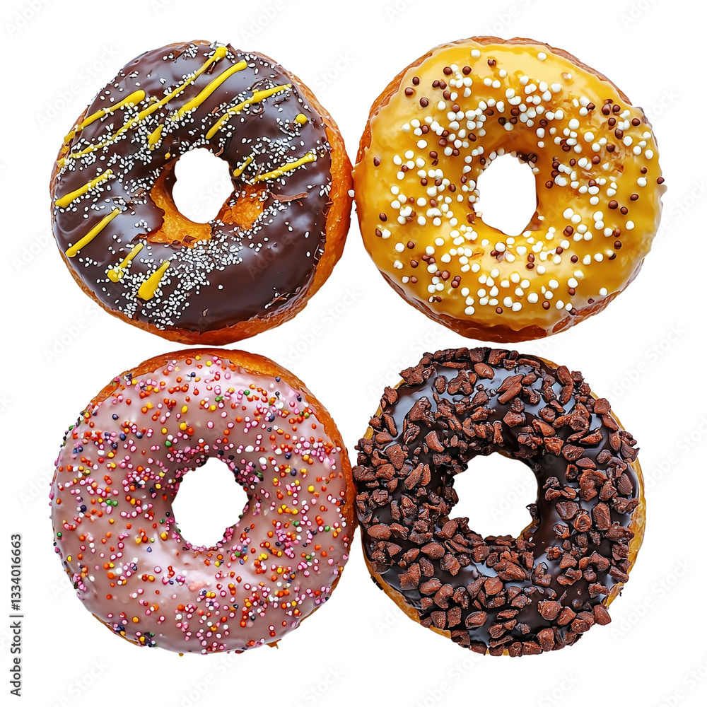 Poster four delicious donuts with various toppings arranged in a square pattern isolated on white backgroun