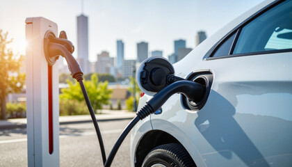 Naklejka premium Eco-friendly electric car charging in urban area, sustainable transport