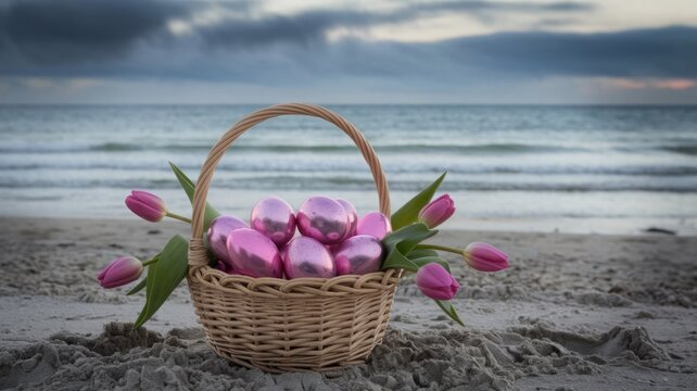 A wicker basket filled with shiny pink Easter eggs and fresh tulips sits on a sandy beach with ocean waves in the background - Powered by Adobe