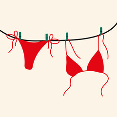 Minimalist vector illustration of a red bikini hanging on a clothesline with clothespins. Summer, beachwear, and swimwear concept.