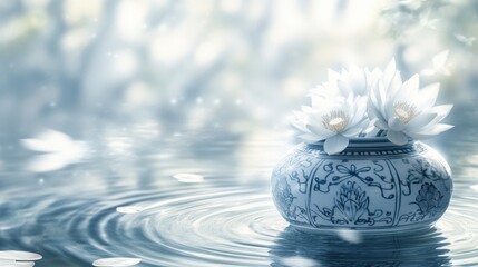 Traditional water jar with lotus flowers, soft blue and white tones, serene and elegant composition.