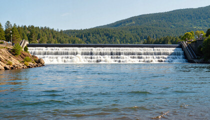 Fish ladders at river dam under bright daylight, ecological conservation