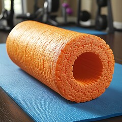 An orange foam roller rests on a blue yoga mat surface