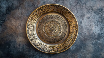 Obraz premium An ornate antique gold plate displayed against a textured background