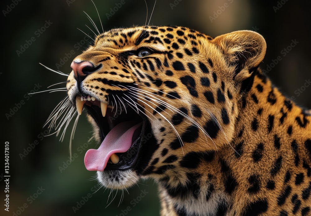 Aufkleber majestic leopard with open mouth showcasing sharp teeth and unique spot patterns in natural habitat 