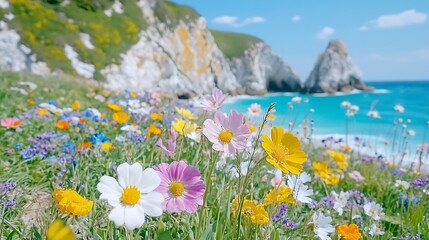 Obraz premium Vibrant Wildflowers Blooming Near Ocean Coastline Scenic Coastal Meadow Spring Flowers