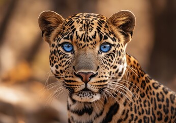 Obraz premium Majestic leopard with striking blue eyes gazes intently at the viewer amidst a natural blurred brown background showcasing its beautiful spotted fur