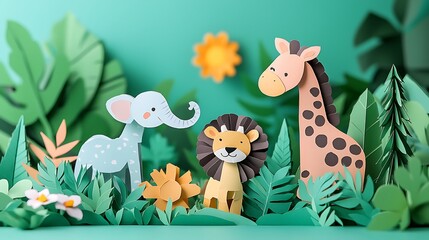 Naklejka premium Paper Craft Safari Animals Elephant Lion Giraffe in Jungle
