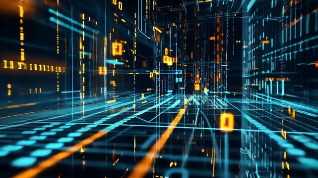 Abstract Data Stream Visualization with Binary Code Flowing Through Digital Grid