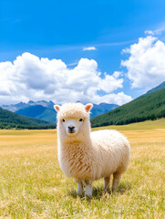 Fototapeta premium Fluffy sheep in golden field, mountain background. Possible use Nature photography