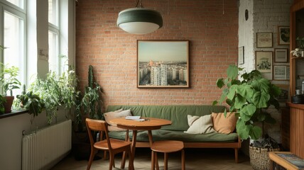 Cozy Green Living Room with Exposed Brick Walls and Abundant Plants