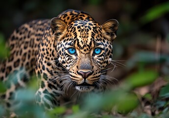 Obraz premium Majestic Leopard with Striking Blue Eyes Staring Intently Amidst Lush Greenery in a Natural Habitat