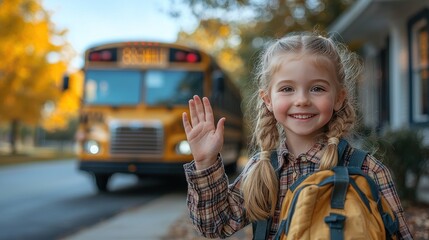 Girl waves goodbye at school bus stop, autumn