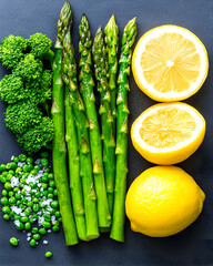 Fresh Asparagus, Broccoli, Peas, and Lemon on Dark Surface