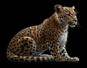 Fototapeta premium Majestic leopard with striking coat, featuring bold spots and intense gaze, against a dark background, showcasing the beauty of wild felines in nature