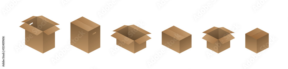 Poster isometric open and closed cardboard boxes vector set