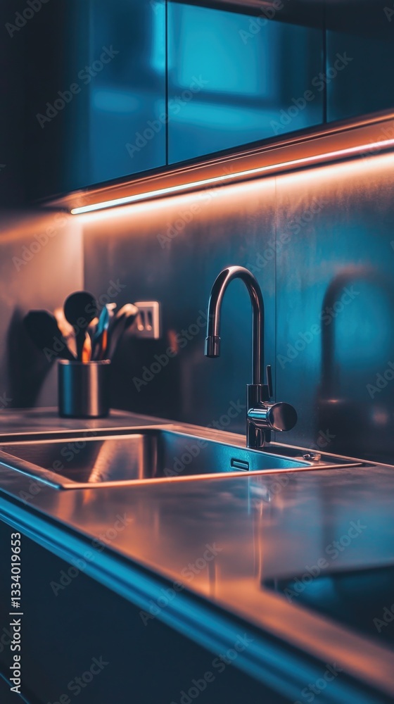 Poster a kitchen sink with a faucet in the middle, useful for various applications