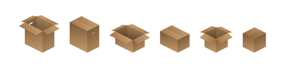 Isometric Open and Closed Cardboard Boxes Vector Set