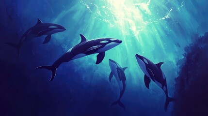 Fototapeta premium Orcas in the Ocean Depths: A Serene Underwater Ballet