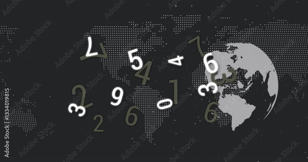 Poster animation of numbers floating over world map with digital dot pattern background