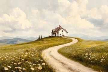A vintage-style poster of a scenic countryside with rolling green hills, a small farmhouse, and a winding dirt road, rendered in muted yet vibrant tones with retro typography