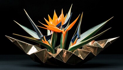 Vibrant Bird of Paradise Flower in Macro Detail on a Black Background, Showcasing the Intricate Geometry of Nature's Design in a Stunning Plant Background.