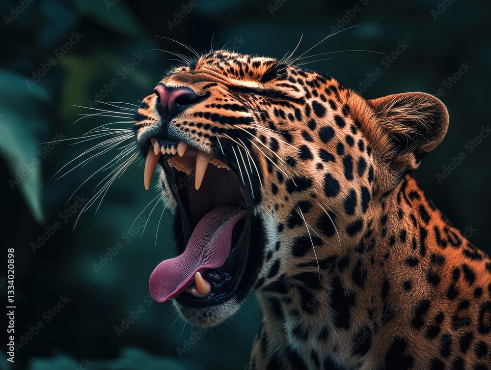 Poster majestic leopard yawning in lush jungle setting with vibrant color contrast and intense expression c