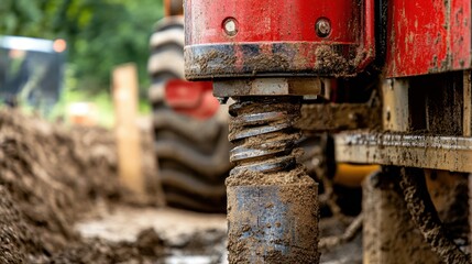 A close-up of a hydraulic piston extending and retracting on a ground drilling machine