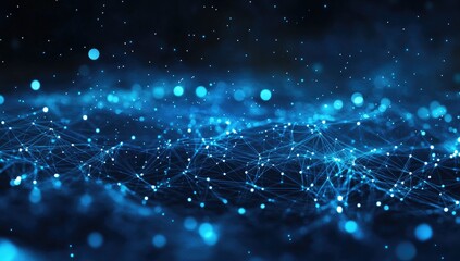 Abstract digital network,  glowing points connected by lines.  Dark background with light blue particles