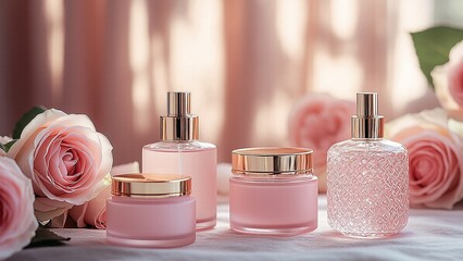 Elegant skincare product bottles and jars in pastel pink with gold accents, showcased amongst delicate blush-toned roses.