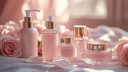 Elegant pink beauty product bottles and jars are displayed with soft roses on a textured surface.