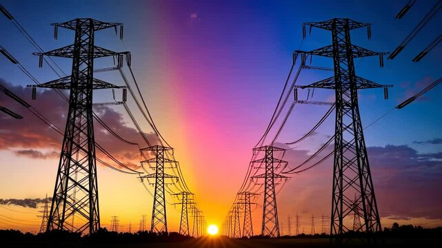 Electricity pylons and high silhouetted power lines stand vibrant against a voltage sunset sky video 4k